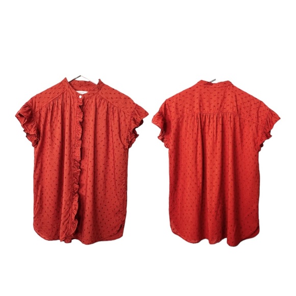 LOFT Ruffle Swiss Dot Button Up Blouse Short Sleeve Burnt Orange Sz S - Picture 10 of 15